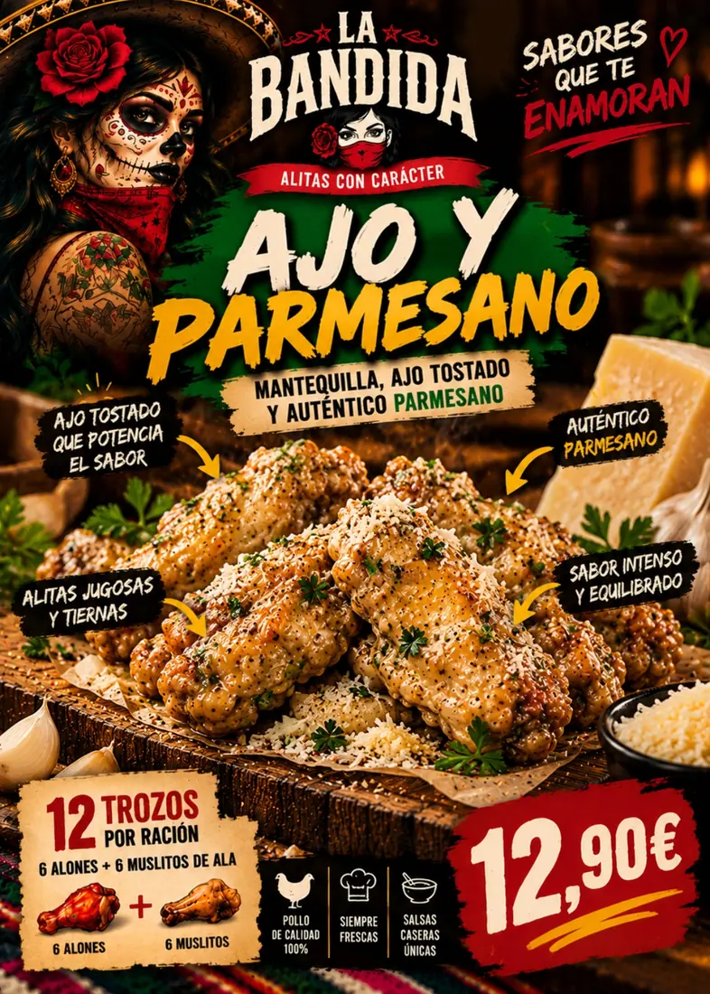 Cartel de Alitas Ajo y parmesano con sus ingredientes