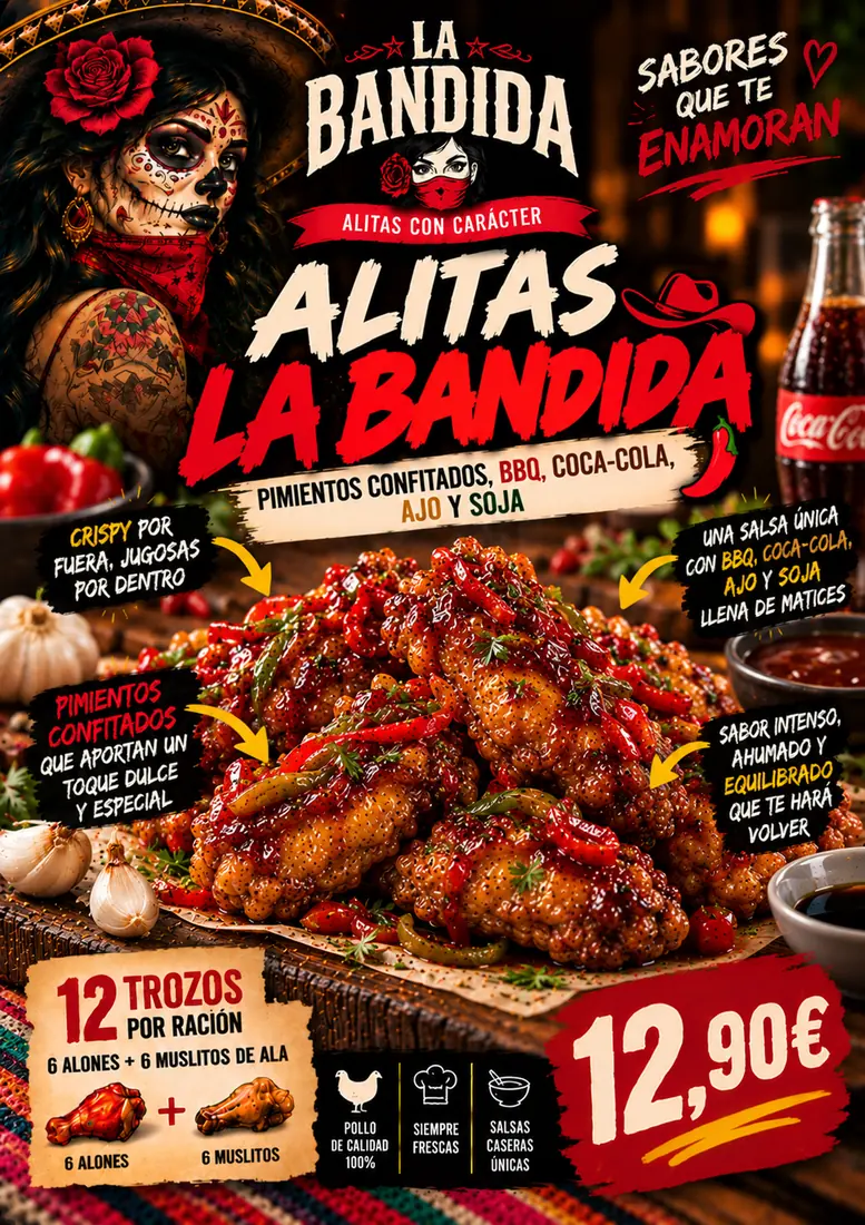 Cartel de Alitas La Bandida con sus ingredientes