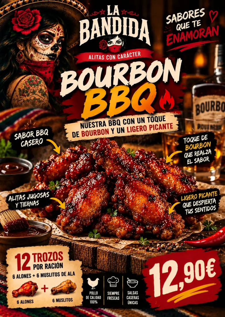 Cartel de Alitas Bourbon BBQ con sus ingredientes