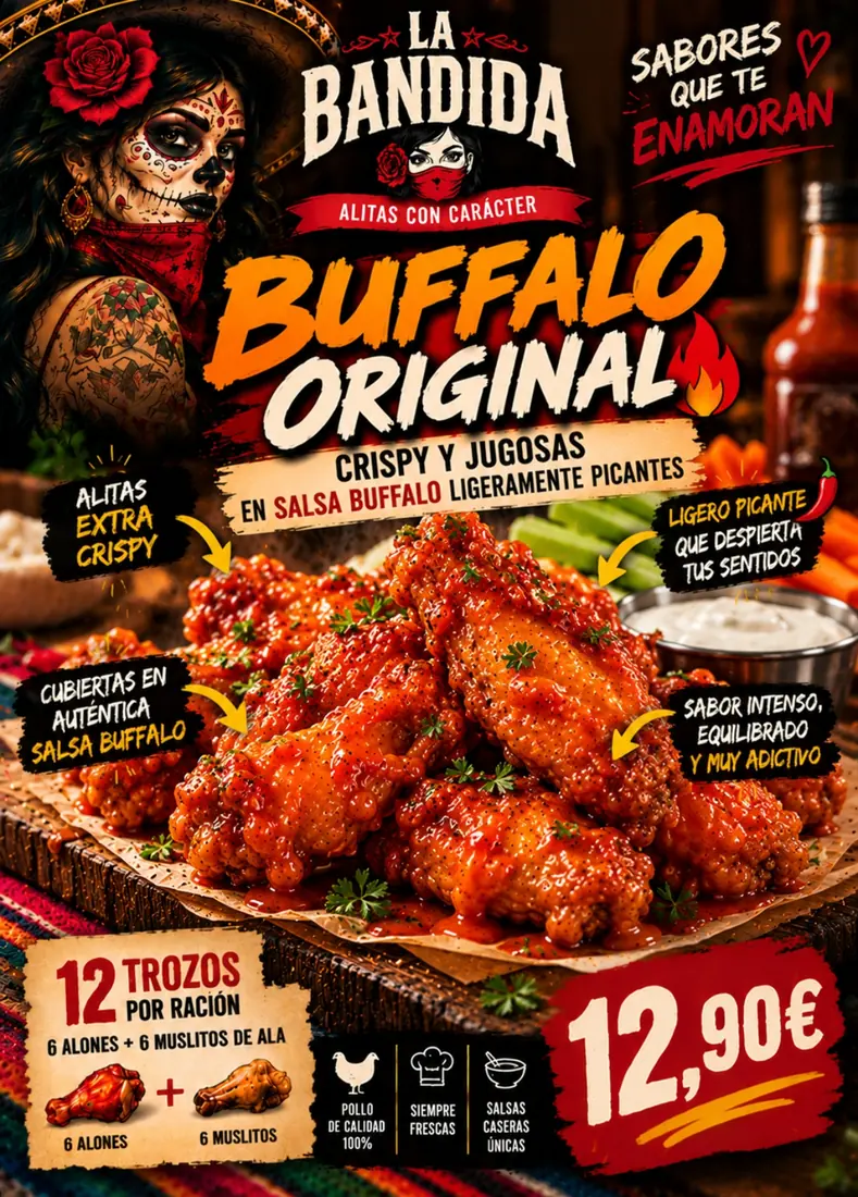 Cartel de Alitas Buffalo Original con sus ingredientes