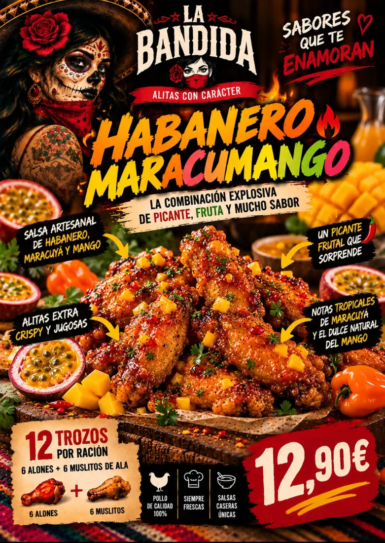 Cartel de Alitas Habanero Maracumango con sus ingredientes