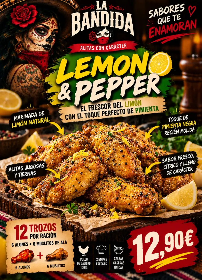 Cartel de Alitas Lemon & Pepper con sus ingredientes