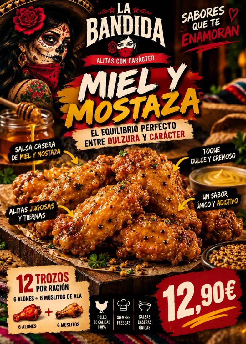 Cartel de Alitas Miel y mostaza con sus ingredientes