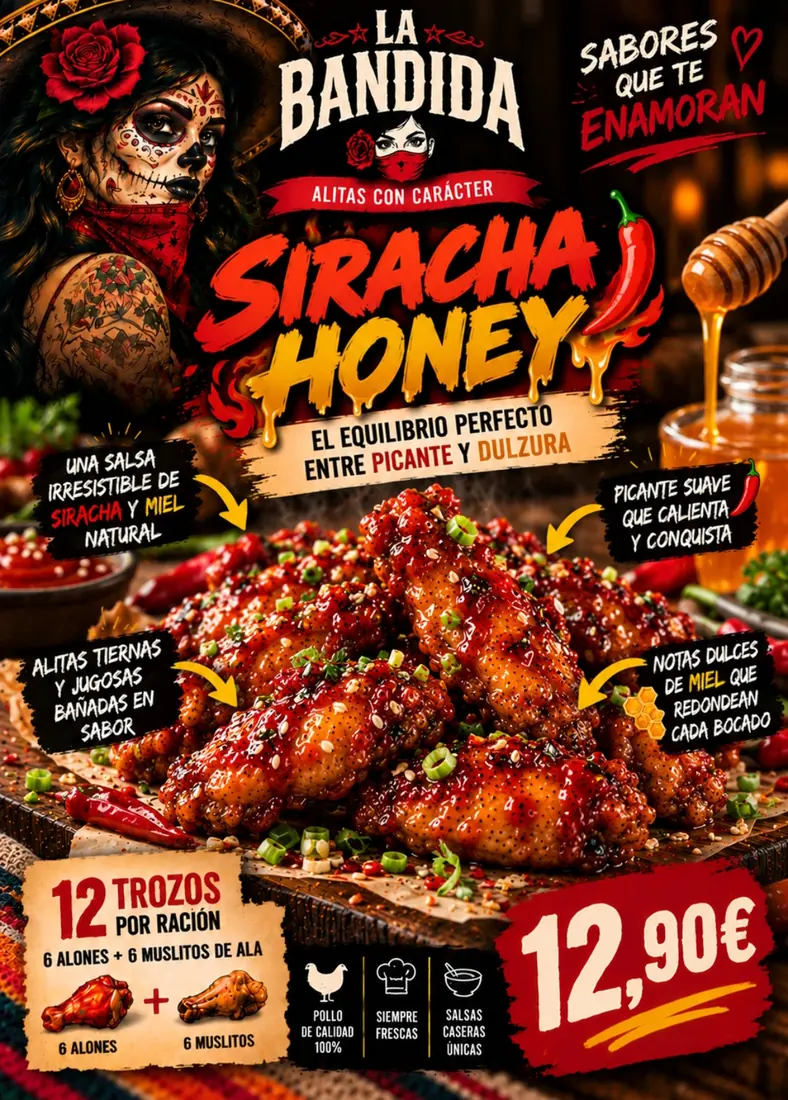 Cartel de Alitas Sriracha Honey con sus ingredientes