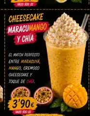 Cartel de Cheesecake Maracumango y chía con sus ingredientes