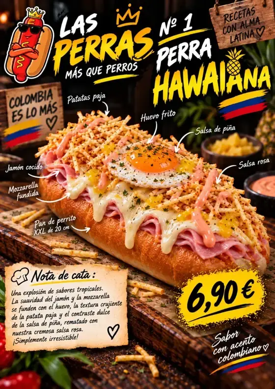 Cartel de Perra Hawaiana con sus ingredientes