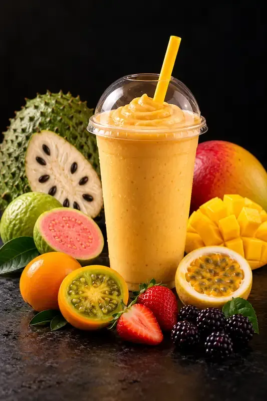 Cartel de Jugo natural (guanábana, guayaba, lulo, fresa, mango, maracuyá o mora) con sus ingredientes