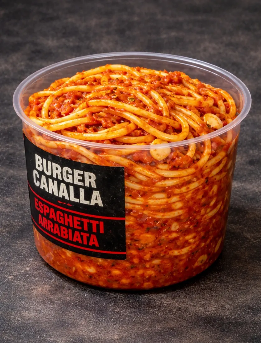 Cartel de Espaguetis Arrabbiata con sus ingredientes