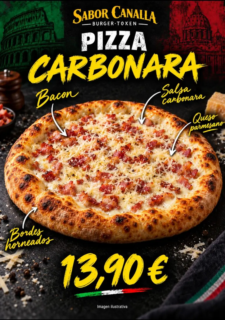 Cartel de Pizza Carbonara con sus ingredientes