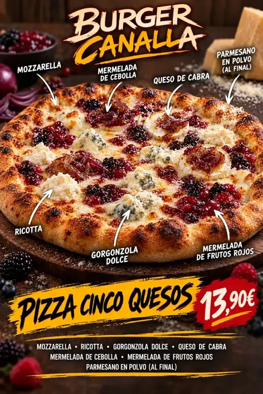 Cartel de Pizza Cinco Quesos con sus ingredientes