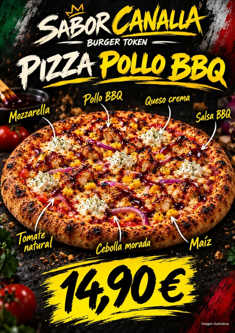 Cartel de Pizza Pollo BBQ con sus ingredientes
