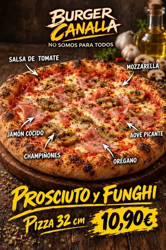 Cartel de Pizza Prosciutto e Funghi con sus ingredientes