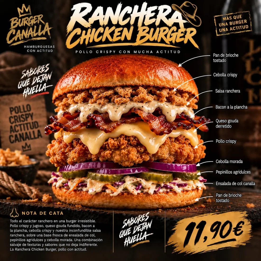 Cartel de Ranchera Chicken Burger con sus ingredientes