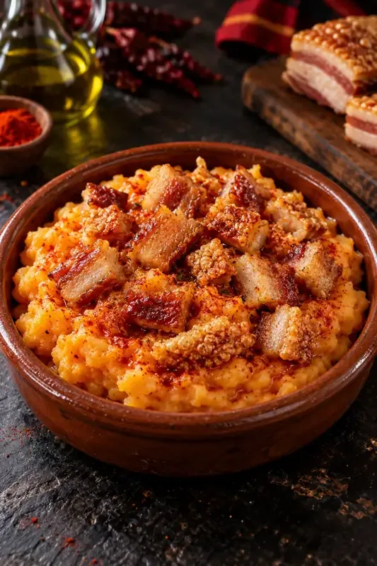 Cartel de Patatas revolconas con torreznos con sus ingredientes
