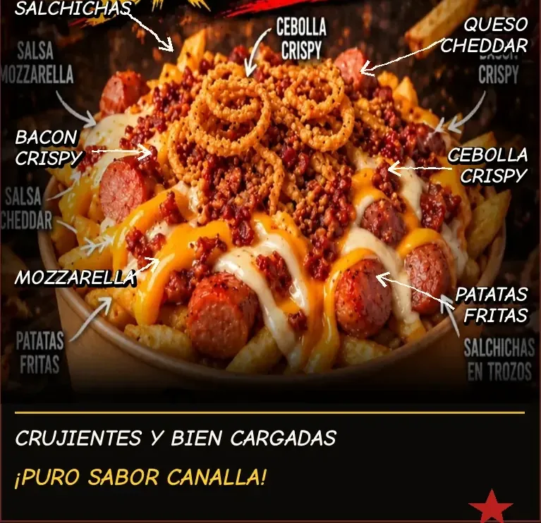 Cartel de Salchipapas Brutales con sus ingredientes