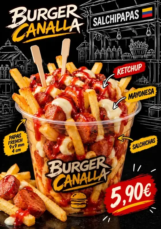 Cartel de Salchipapas mini con sus ingredientes